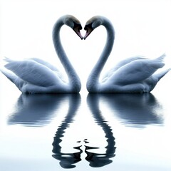 Fototapeta premium Two elegant swans form a heart shape in the water, reflecting their beauty and grace in a serene, romantic scene.