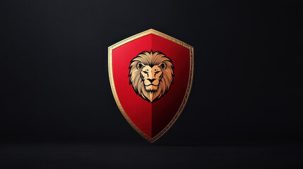 Obraz premium Stylized lion emblem on a red shield, symbolizing strength and courage.