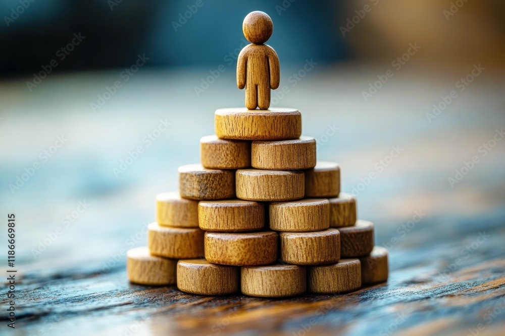 Poster wooden figure standing on a pyramid made of round disks, representing achievement and growth in a mi