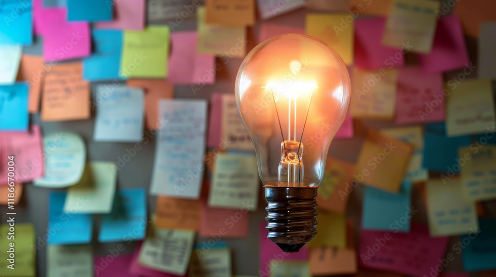 Aufkleber a light bulb is lit up in front colorful sticky notes, brainstorming and solution idea concept.
