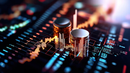 conceptual image illustrating global economic trends with coins and financial graphs, showcasing dynamic nature of finance and investment opportunities