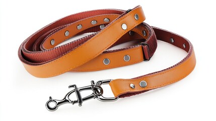 A dog leash with a metal hook on a white background, suitable for pet photography or advertising use