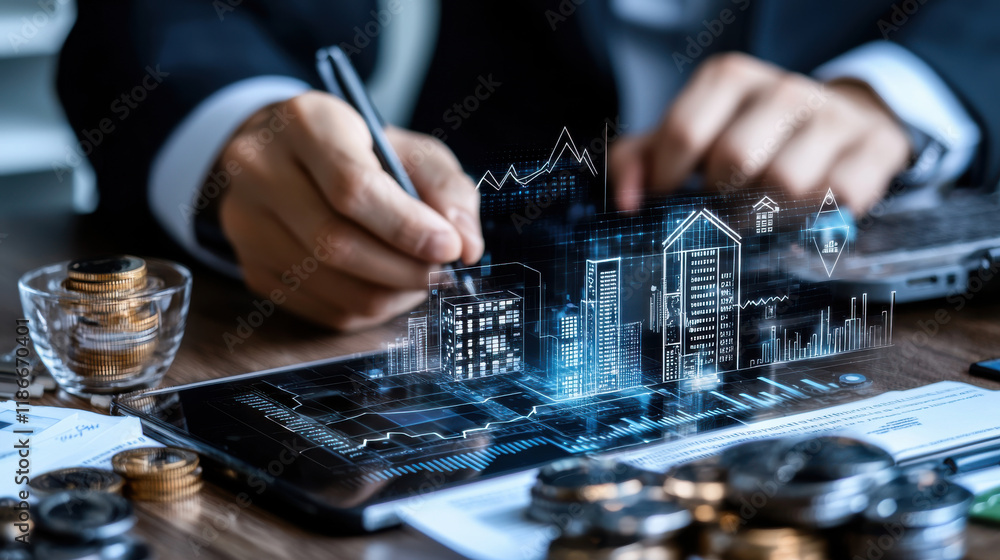 Fototapete business professional analyzing financial data using technology, with digital graphs and buildings p