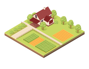Isometric block with layers of earth. Farm with a red house, vegetable plots, trees, and pathways. Ideal for rural landscapes, agricultural designs, or eco-living visuals. Vector illustration
