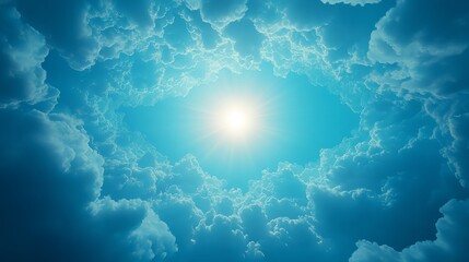 Dreamy Blue Sky with Fluffy Clouds and Soft Sunlight Rays