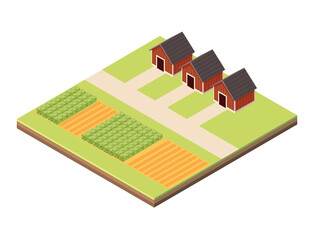 Isometric block with layers of earth. Farmland with fields, pathways, and small red houses. Perfect for agricultural designs, rural development, or community living visuals. Vector illustration