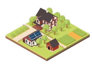 Isometric block with layers of earth. Rural area with multiple houses, solar panels, gardens, and farm plots. Perfect for countryside, farming, or sustainable housing designs. Vector illustration