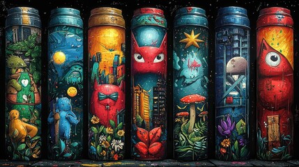 Colorful Cylindrical Canvases Displaying Diverse Artistic Scenes