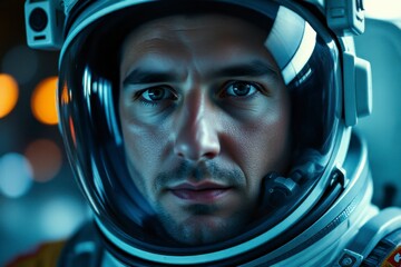 A male astronaut wearing a detailed spacesuit reflects on his upcoming space mission in a vibrant environment filled with soft lights and technology