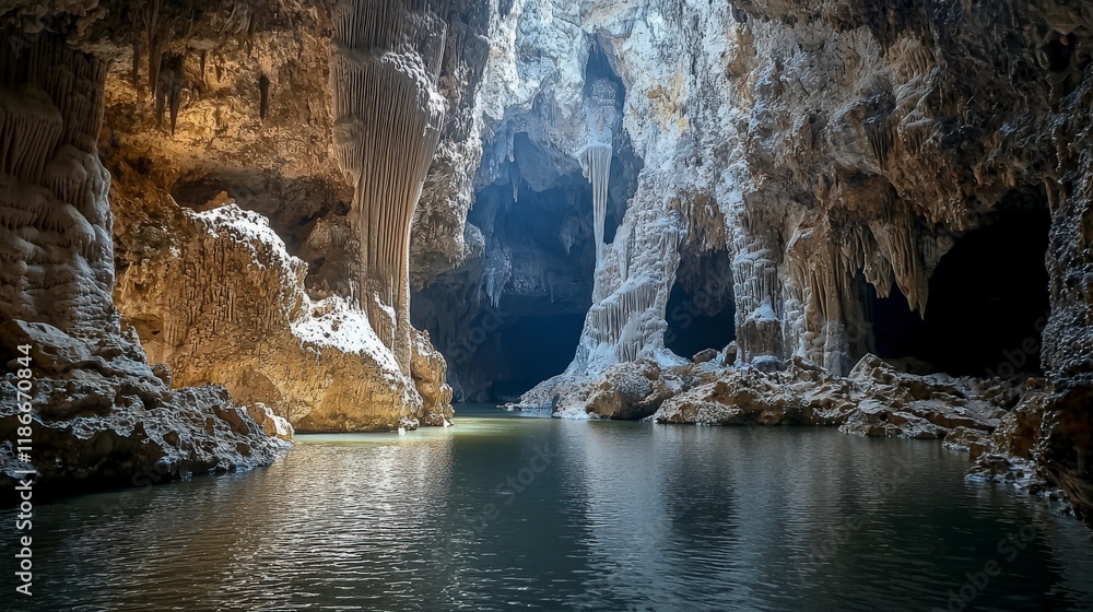 Poster exploring a large interconnected underwater cave system in nature's depths a stunning visual journey