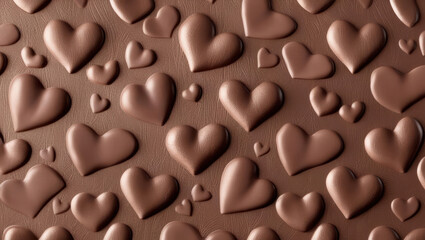 Textured mocha background featuring embossed heart shapes in various sizes, creating a dimensional and elegant design. Ideal for love, romance, and decorative themes.