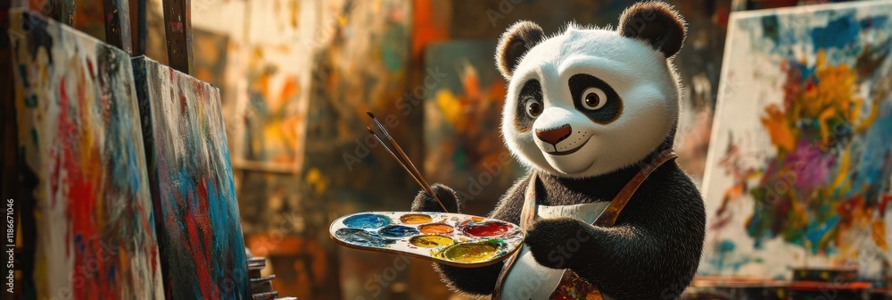Aufkleber panda happily creating colorful artwork with paintbrush and palette in a bright studio filled with v