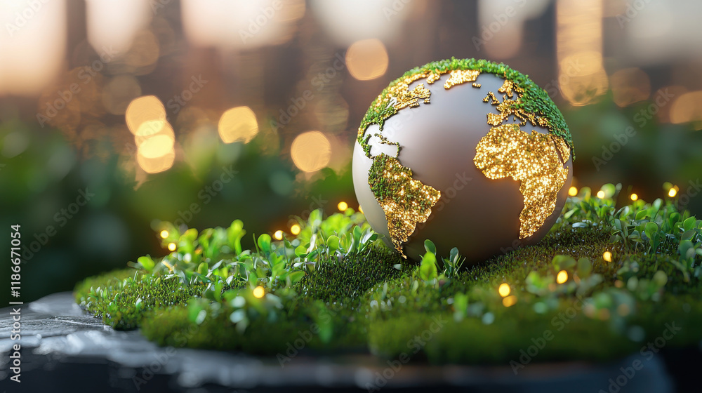 Aufkleber conceptual image of sustainable global economy featuring globe covered in greenery and lights, symbo