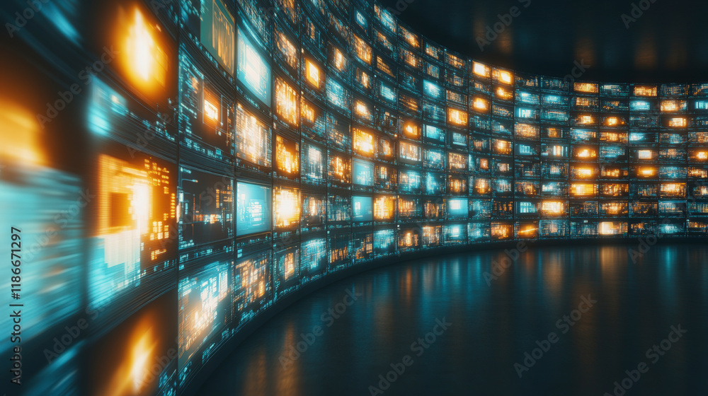 Poster futuristic digital display with vibrant blue and orange lights showcasing advanced technology trends