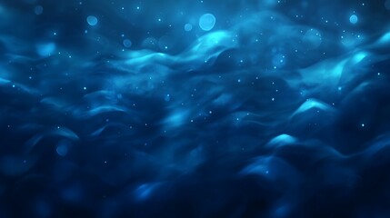 Abstract blue wavy background with bokeh lights and particles.