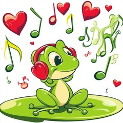 Obraz premium A cheerful frog wearing headphones enjoys music, surrounded by colorful musical notes and hearts, conveying a fun and lively atmosphere.