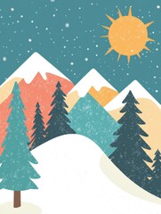 Obraz premium Winter mountain, flat vector, simple shapes, sun in the hills, colorful
