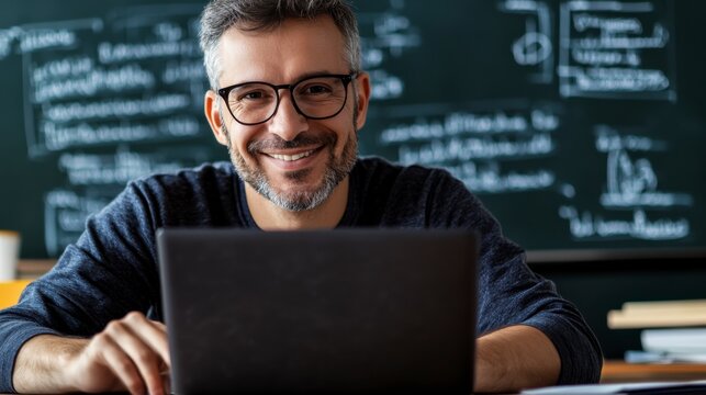 Smiling Teacher with Laptop: A friendly, middle-aged male teacher with glasses smiles warmly at the camera, sitting in front of a blackboard filled with mathematical equations, using a laptop. - Powered by Adobe