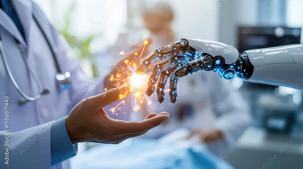 Aufkleber doctor and robotic hand interact, symbolizing integration of AI in medical technology. This captures future of healthcare with innovation and collaboration