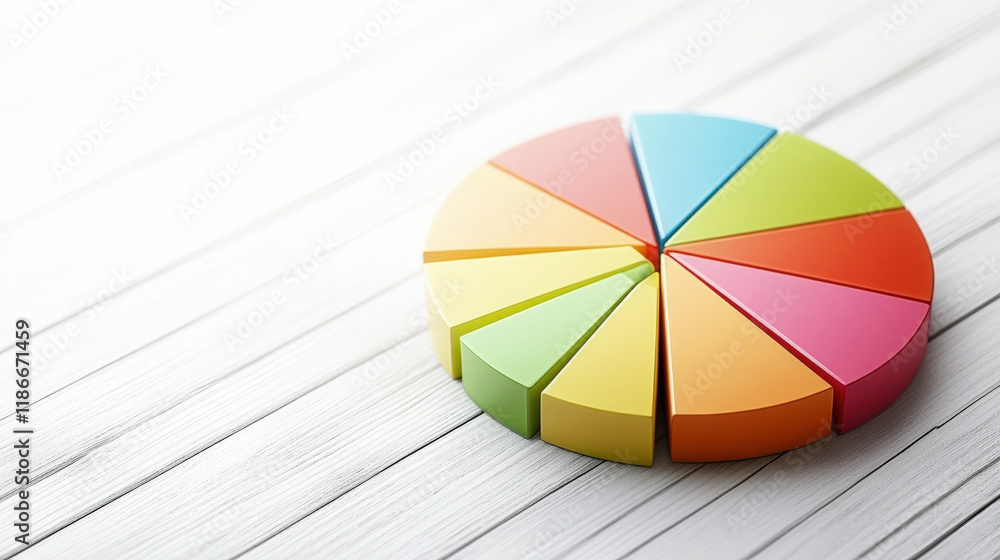 Poster colorful pie chart on wooden background illustrating statistical data analysis, visual representatio