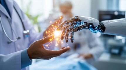 doctor and robotic hand interact, symbolizing integration of AI in medical technology. This captures future of healthcare with innovation and collaboration