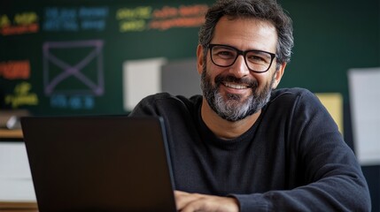 Confident and Tech Savvy: A mature man with a charming smile and stylish glasses exudes confidence as he works on his laptop, radiating a sense of professionalism and expertise.