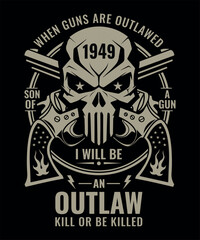 Vintage Outlaw Skull T-Shirt Design with Guns and Bold Typography