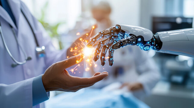 doctor and robotic hand interact, symbolizing integration of AI in medical technology. This captures future of healthcare with innovation and collaboration - Powered by Adobe
