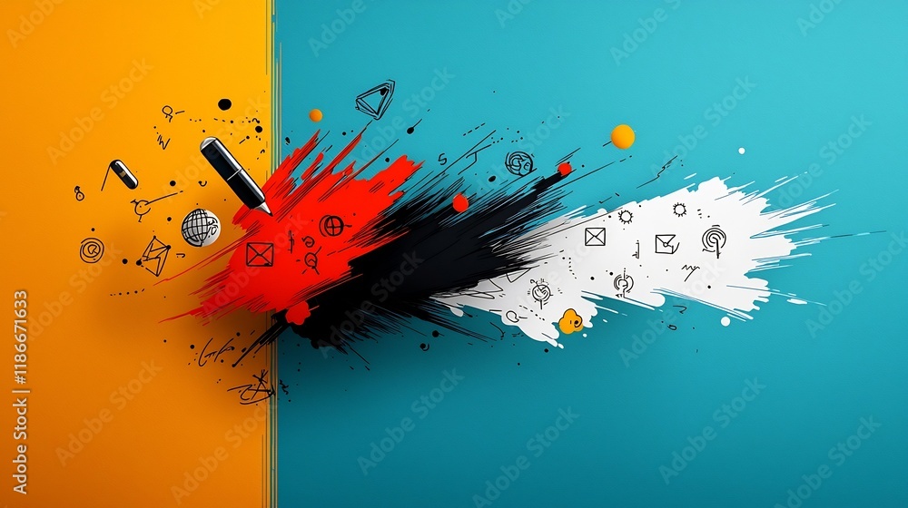 Aufkleber whimsical hand drawn digital depicting various technological symbols and icons for global communicat