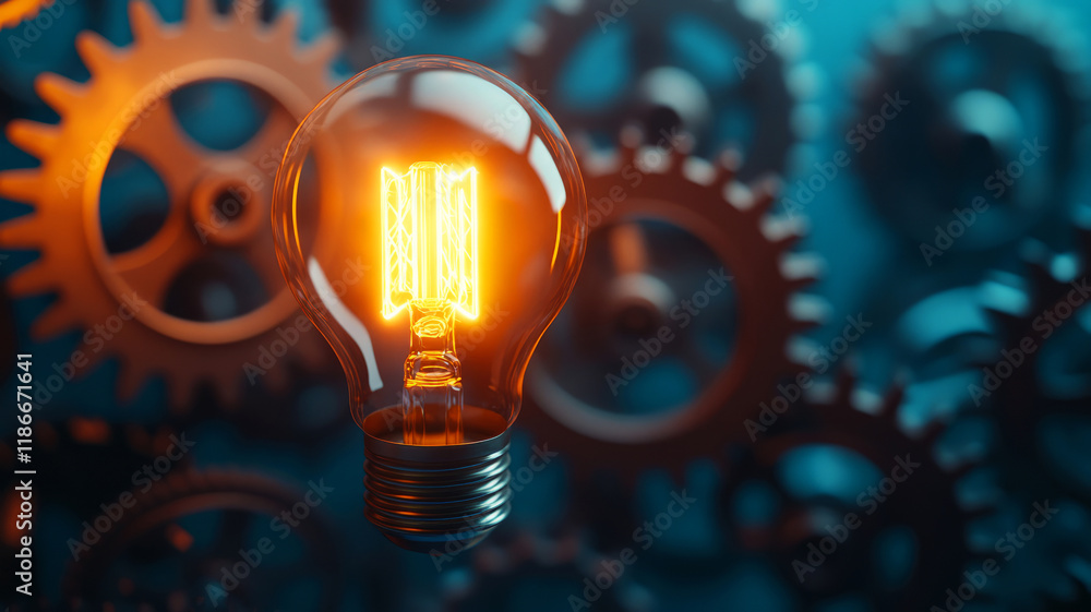 Poster light bulb glowing brightly in front of metallic gears symbolizing innovation and technology