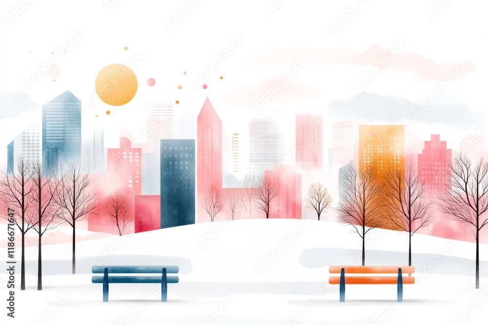 Poster a flat design of a modern urban street with minimalistic details, featuring a few trees and benches 