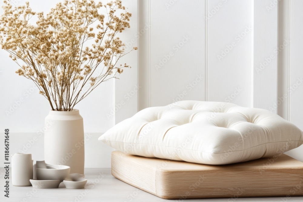 Poster a flat design of a single tufted cushion in neutral tones, styled against a plain white canvas
