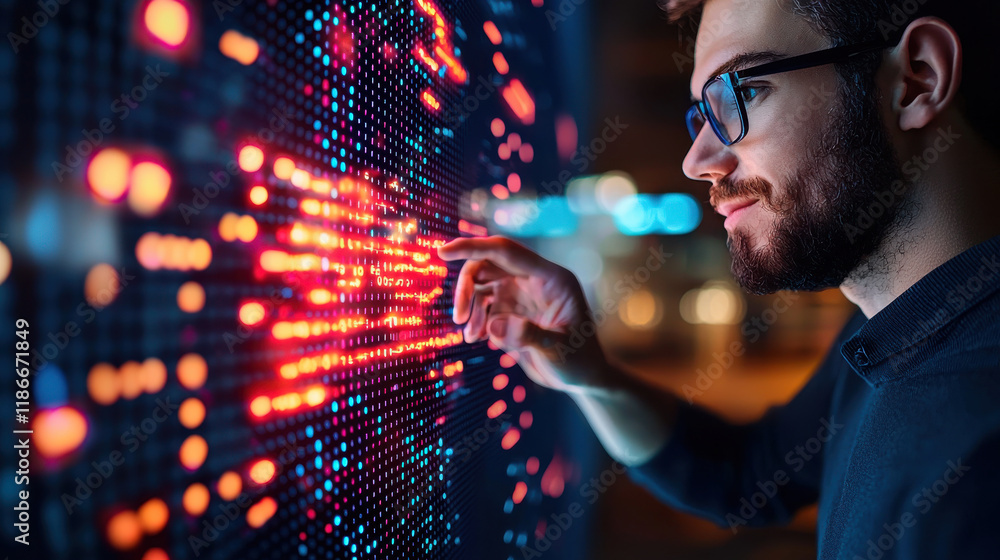Poster man interacts with digital display, showcasing vibrant data visualization and technology. scene reflects innovation and engagement with modern information systems
