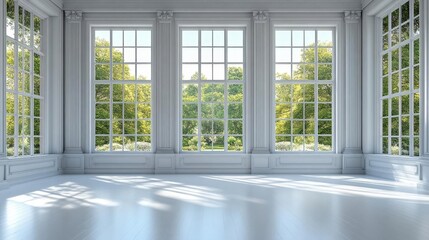 Obraz premium Bright and airy sunlit room with large windows and a view of lush green trees