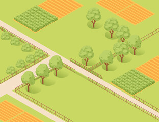 Isometric open farmland with fields, vegetable plots, scattered trees, and dirt pathways. Ideal for rural landscape or agricultural illustrations. Vector illustration