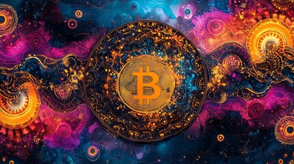 Cryptocurrency revolution digital realm artwork cosmic vibes abstract design