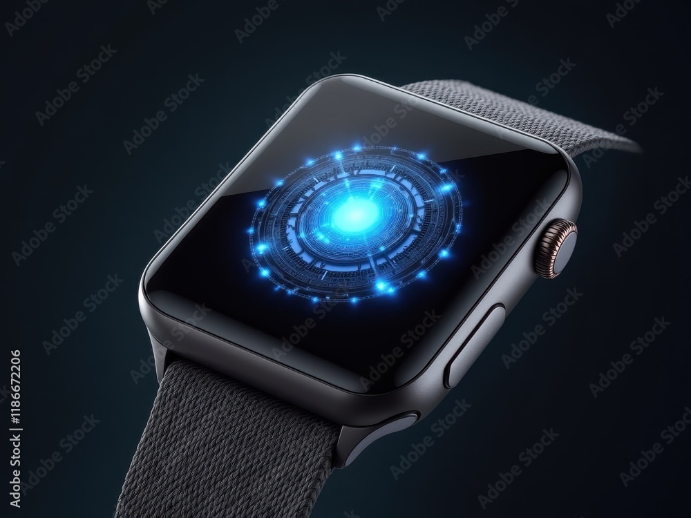 Poster graphene technology showcased on a smartwatch display with a vibrant blue circular design highlighti