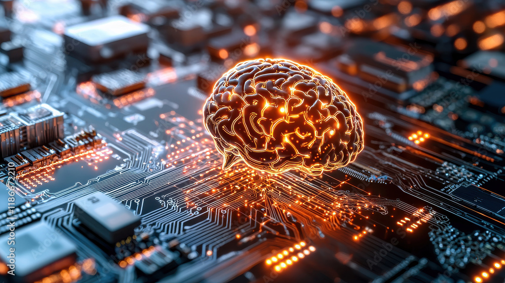 Aufkleber conceptual image of artificial intelligence featuring glowing brain on circuit board, symbolizing fusion of technology and human intellect