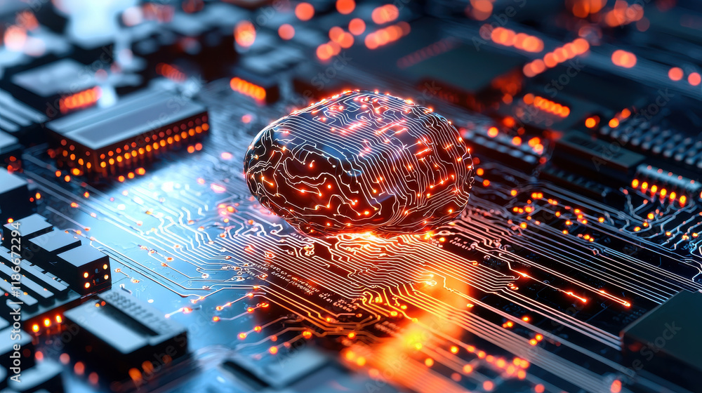 Poster conceptual image of artificial intelligence represented by glowing brain on circuit board, symbolizing technology and innovation