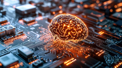 conceptual image of artificial intelligence featuring glowing brain on circuit board, symbolizing fusion of technology and human intellect
