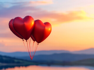 Obraz premium Romantic Heart-Shaped Balloons Float Above Serene Landscape at Sunset in Warm Glow