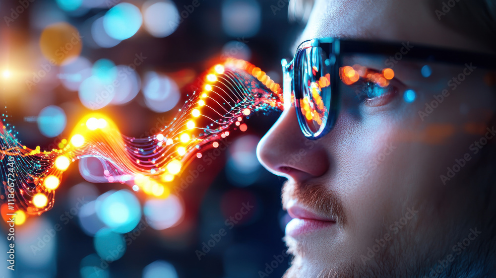 Poster conceptual image of digital immortality featuring person with glasses, surrounded by vibrant light waves and abstract patterns, symbolizing technology and innovation