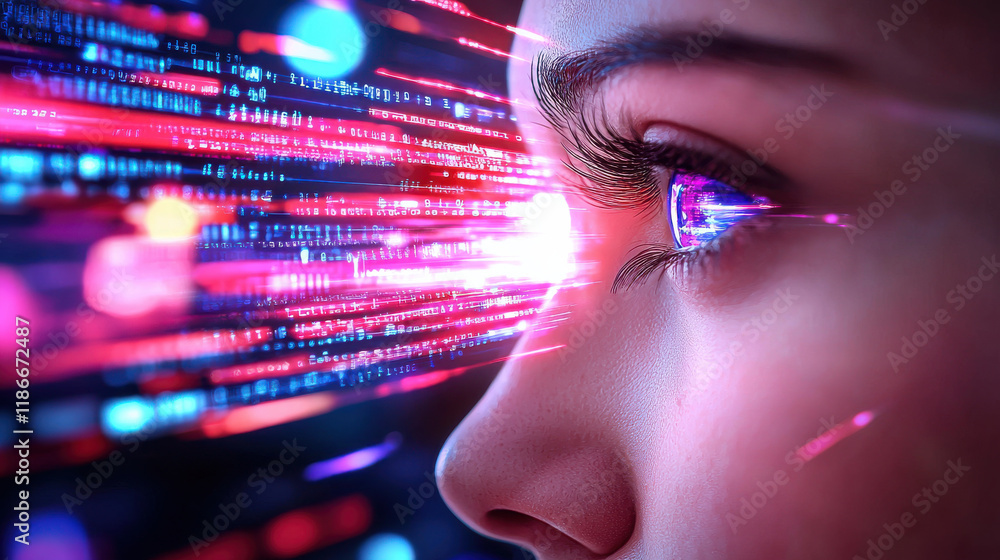 Poster digital immortality concept with person eye reflecting vibrant data streams, symbolizing fusion of t