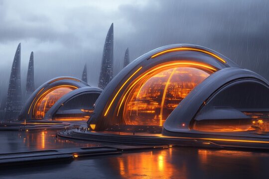 A futuristic space station orbiting a distant planet, with glowing holographic domes and sleek, metallic structures