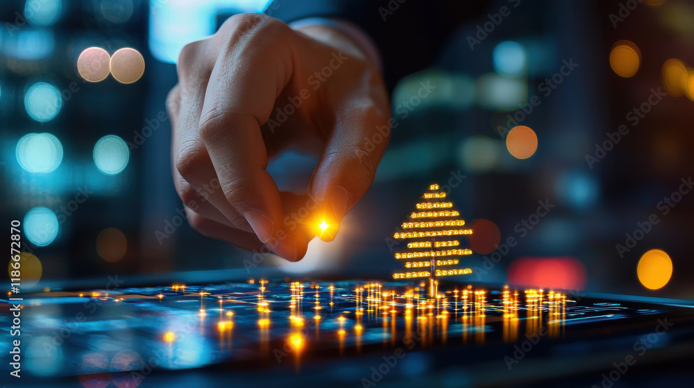 Poster hand manipulating glowing data points on digital screen, symbolizing economic resilience and innovat