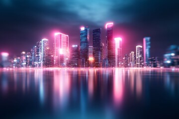 A futuristic urban cityscape filled with glowing holograms, flying cars, and sleek skyscrapers illuminated by neon lights under a starry sky