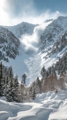 Fototapeta premium Avalanche descending a snow-covered mountain landscape in winter.