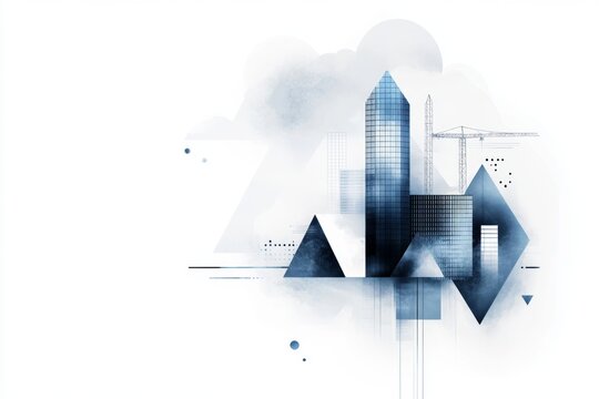A geometric illustration of a partially built skyscraper, with scaffolding and simple shapes in shades of gray and blue