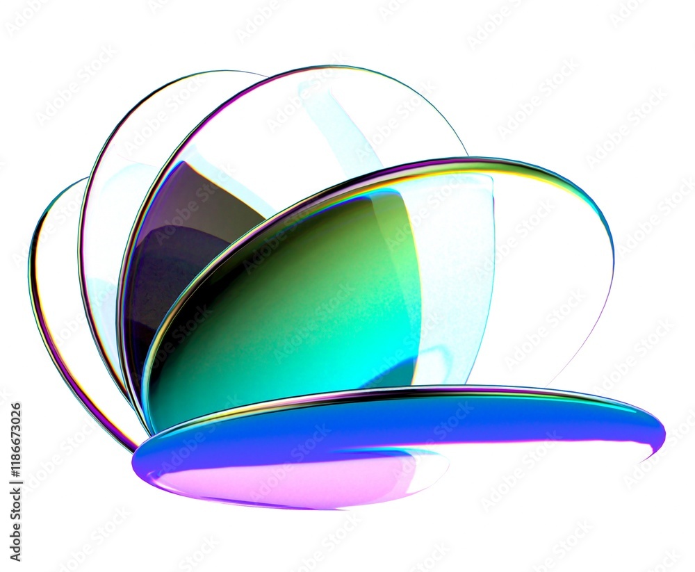 Poster glass disk composition with holographic light aberrations. bold bright 3d illustration in futuristic