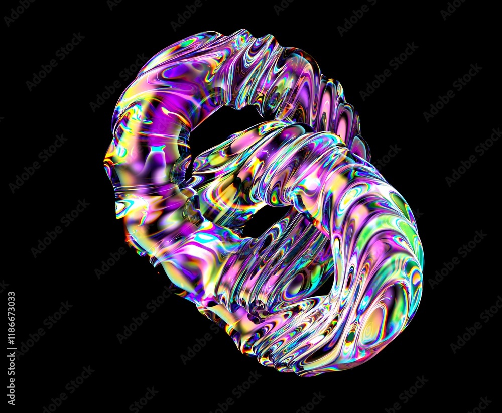 Poster two interlocking rings made of glass with holographic light aberrations. bold bright illustrations i